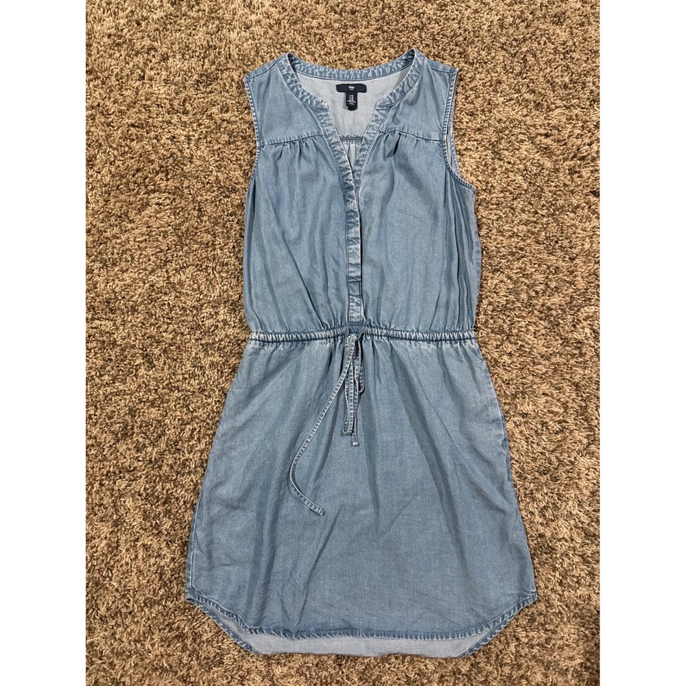 Gap Womens XS Denim Sundress Chambray Drawstring Waist Dress Casual Minimalist